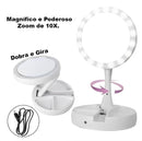 Espelho Dupla Face Led Com Aumento 10x com Suporte de Armazenamento de Maquiagens