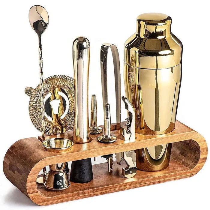 Kit Bartender 10 Peças de Aço Inox com Suporte de Bambu