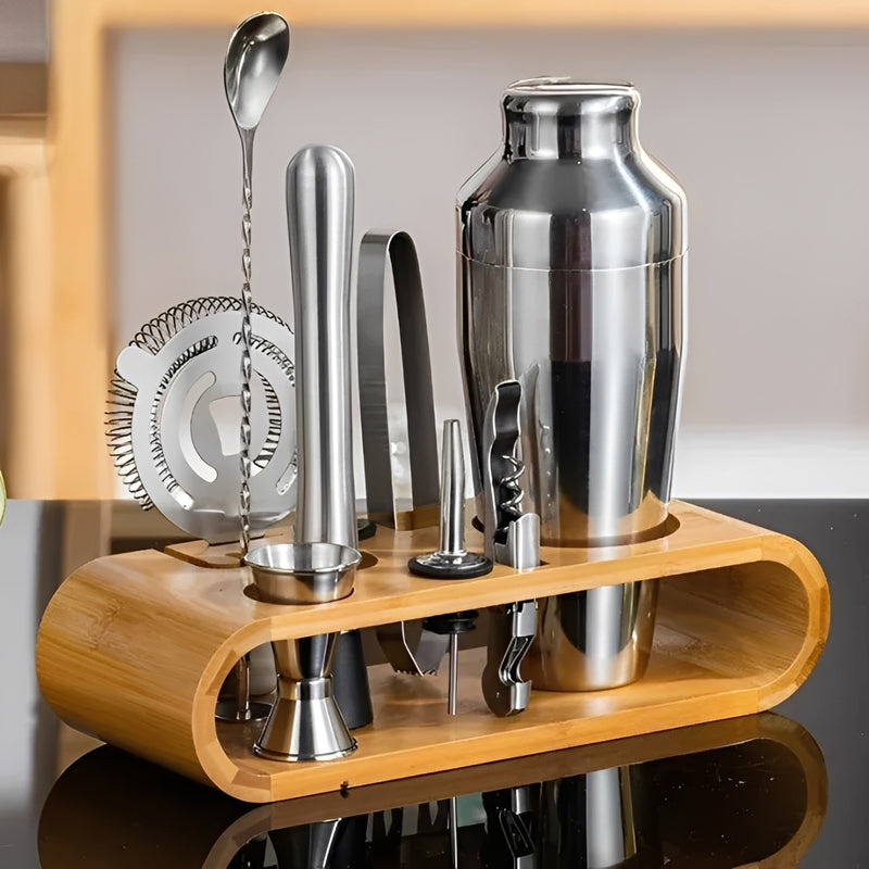 Kit Bartender 10 Peças de Aço Inox com Suporte de Bambu